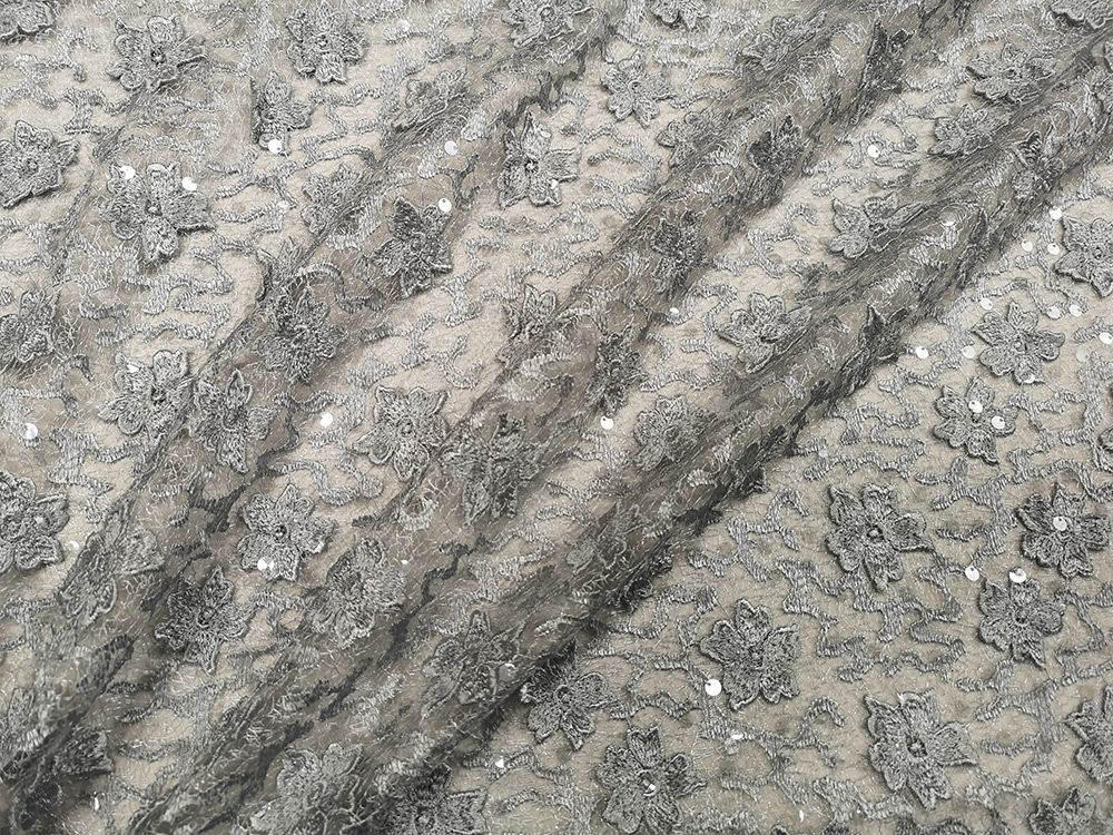 Scalloped Edge Floral Sequin Lace Silver