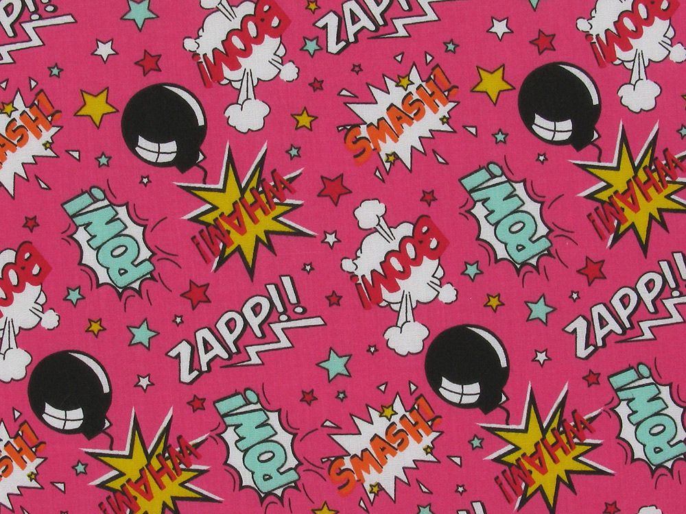 Boom Pow Wow Comic Polycotton, Fuchsia