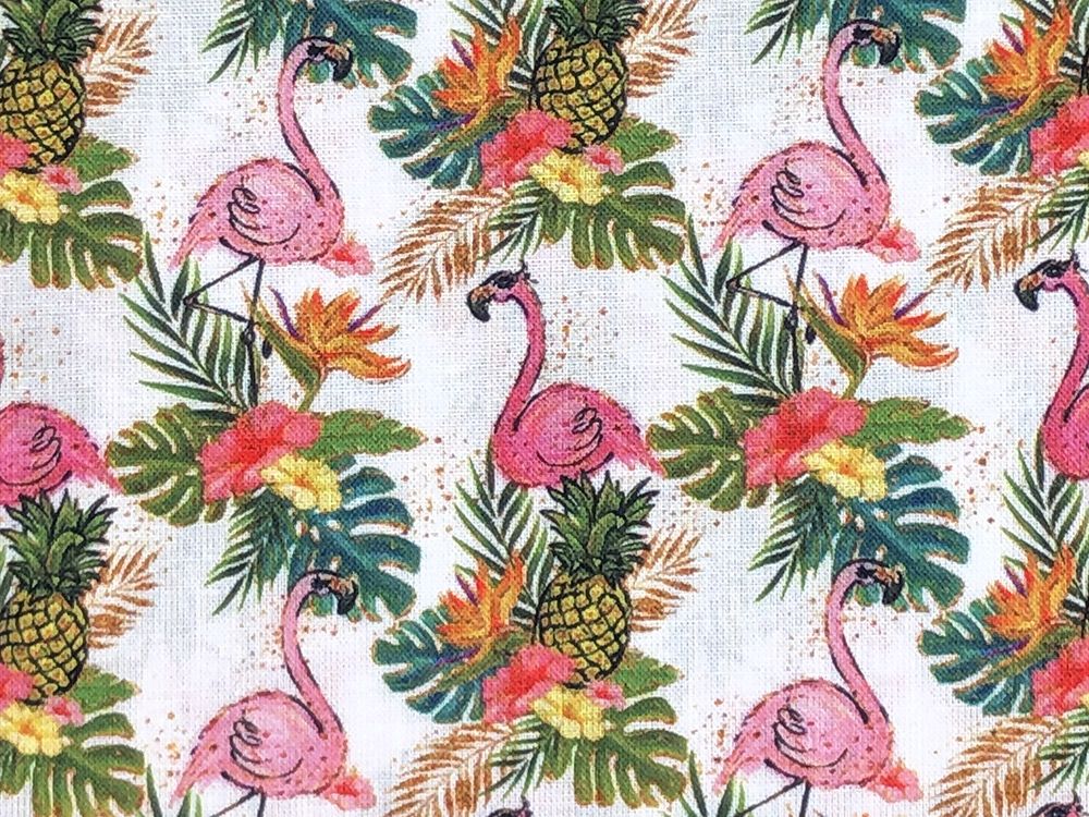 Denim fabric, with pink flamingos printed - flamingo print