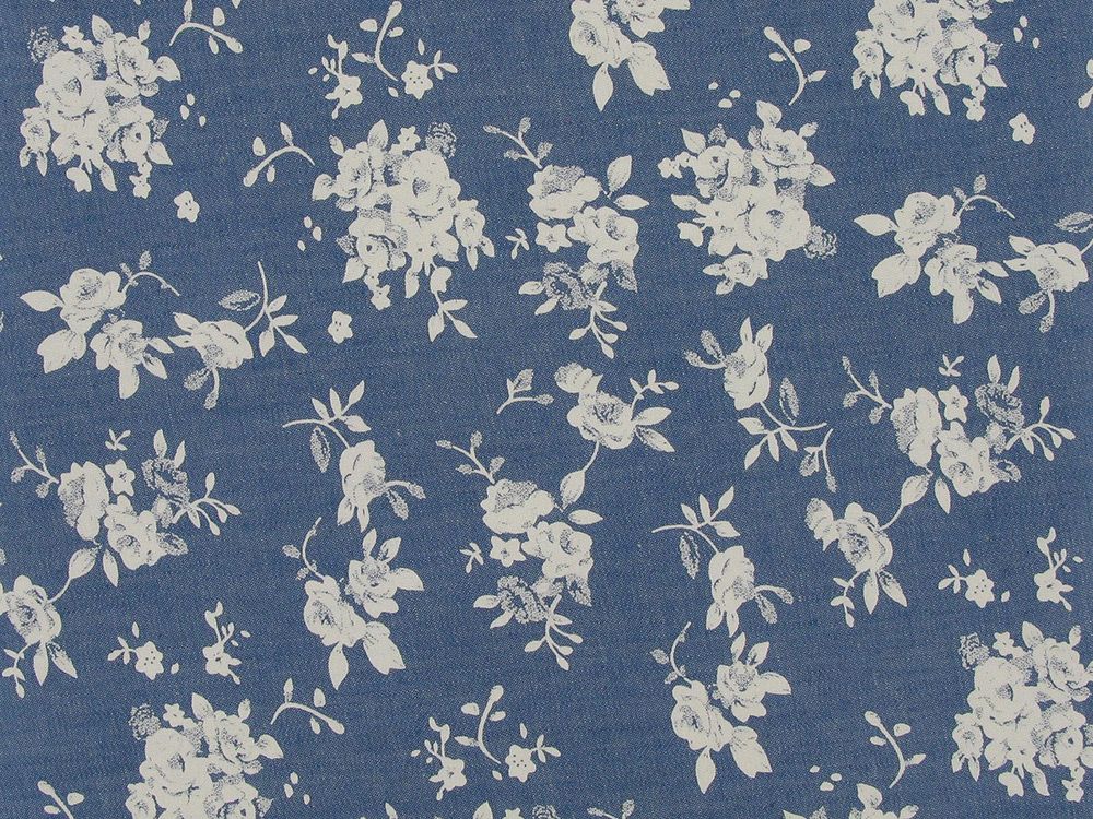 White Rose Bunches Printed Denim Sky