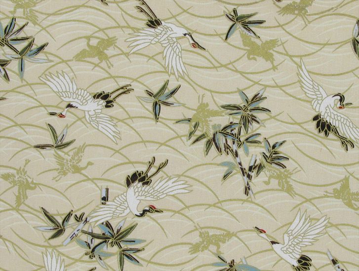 Isumi Japanese Foil Cotton Print, Swooping Crane, Cream