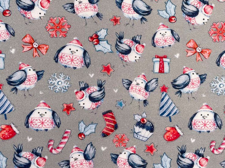 Christmas Robin Surprise Cotton Print, Silver