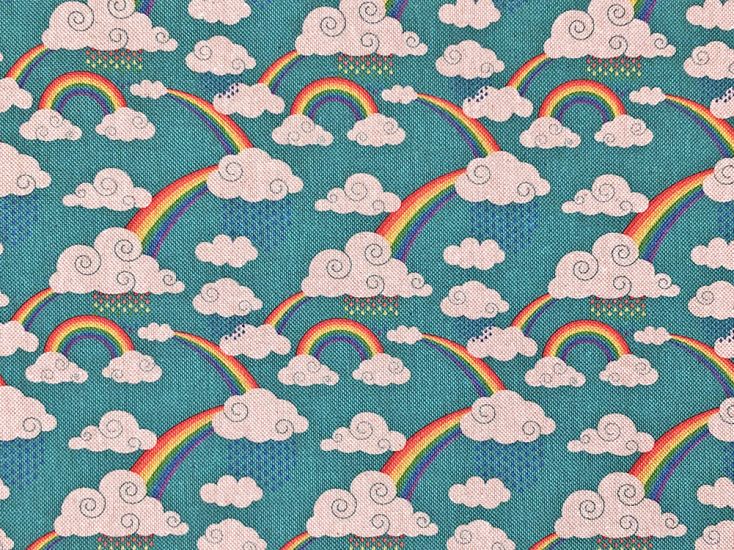 Linen Look Printed Panama, Rainbow Rain Cloud