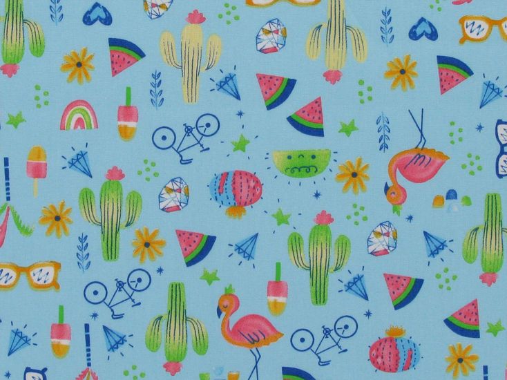 Summer Icons Cotton Poplin Print, Turquoise