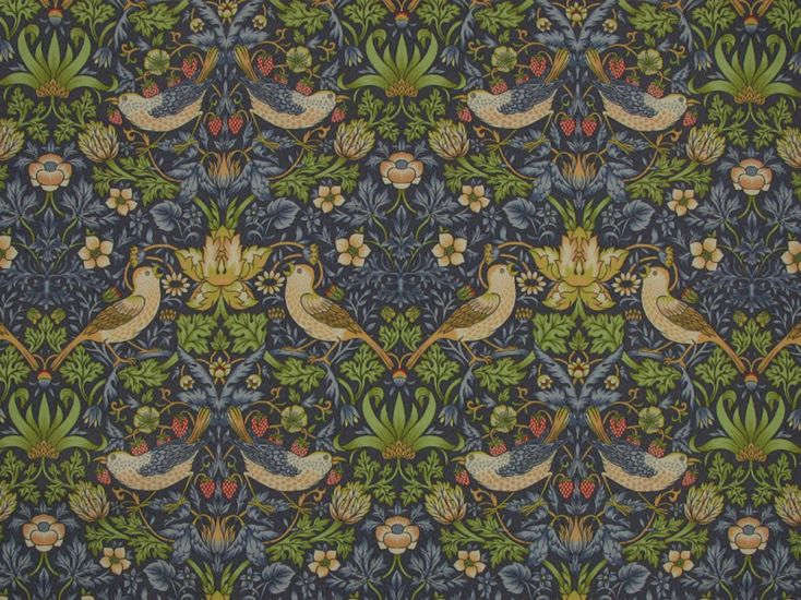 William Morris Strawberry Thief Water Repellent Outdoors Fabric, Navy