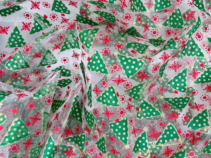 Christmas Foil Print Organza, Christmas Trees