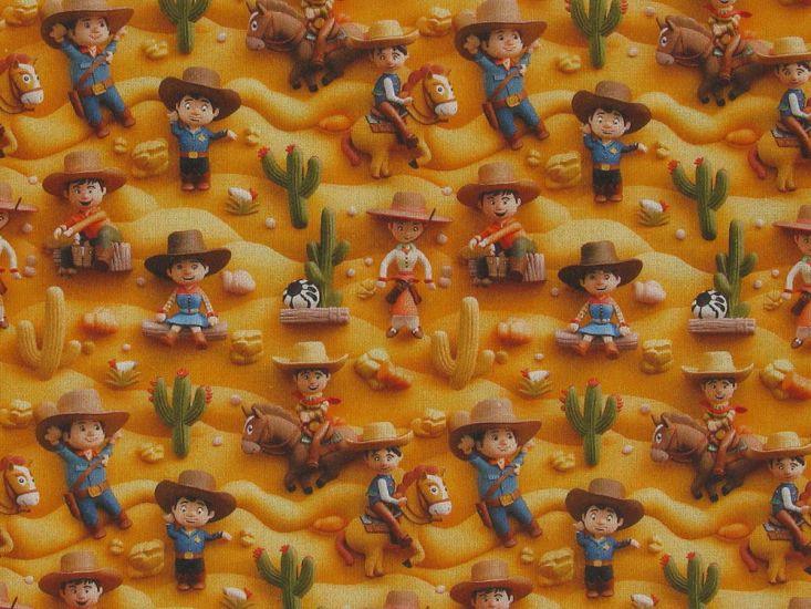 3D Fantasy Cotton Print, Cowboys, Beige
