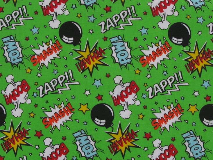 Boom Pow Wow Comic Printed Polycotton, Lime