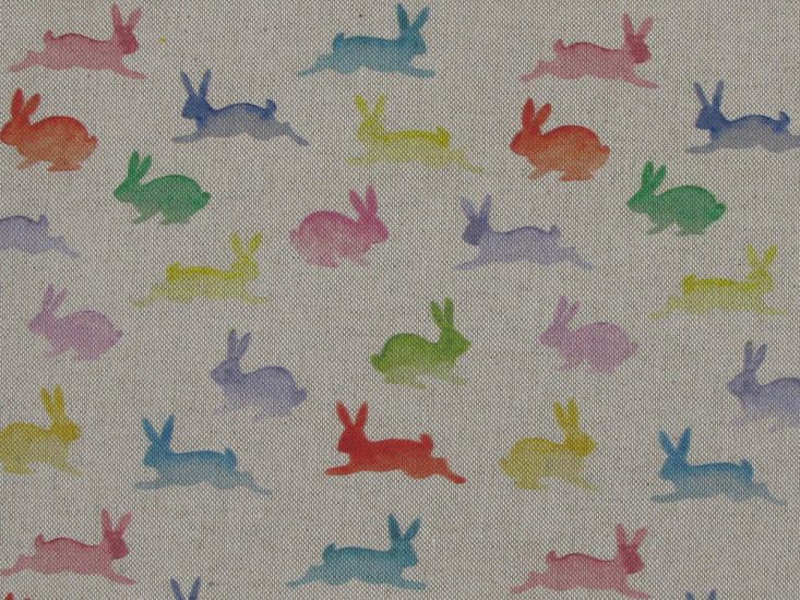 Linen Look Digital Printed Panama Rainbow Rabbits