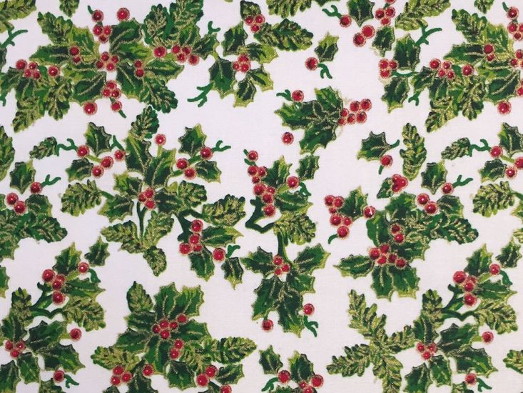 Christmas Allover Holly Cotton Print, Cream
