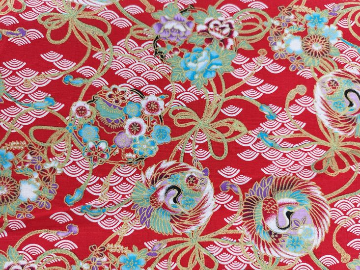 Isumi Japanese Foil Cotton Print, Flying Crane, Red