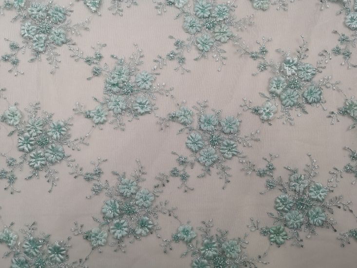 Scalloped Edge Embroidered Bouquet Lace, Aqua