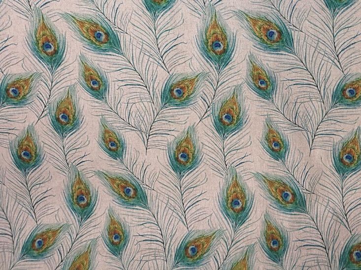 Linen Look Digital Printed Panama Peacock Feathers