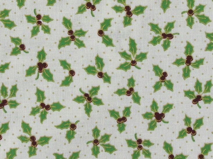 Allover Mini Chistmas Holly Cotton Print, Ivory