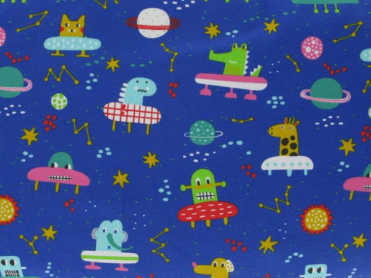Animals In Space Cotton Jersey, Blue