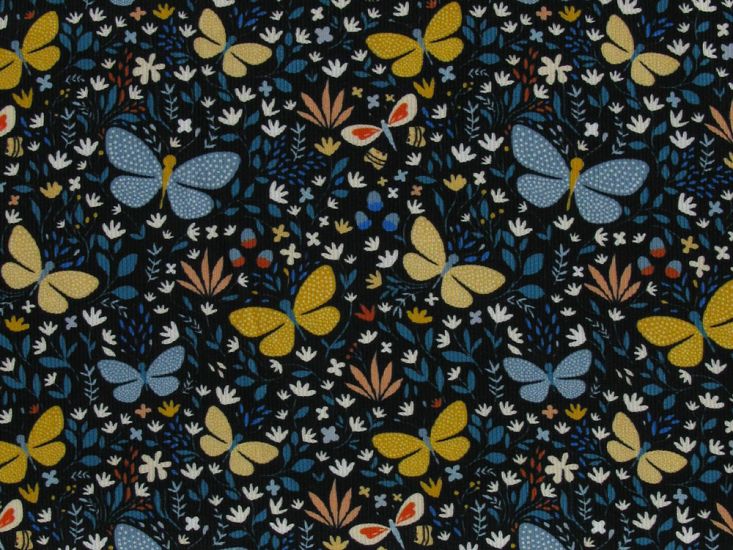 Blooming Floral Butterflies Printed Cotton Needlecord, Navy
