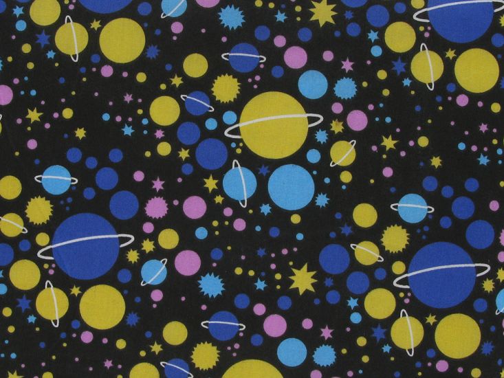 Bright Planet Galaxy Polycotton Print, Blue and Yellow