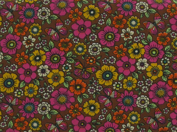 Butterfly Blossoms Polycotton Print, Brown