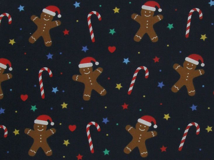 Candy Cane Santa Gingerbread Polycotton Print, Navy