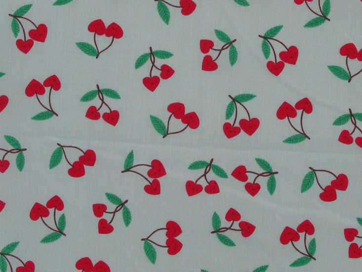 Cherry Love Polycotton Print, Mint