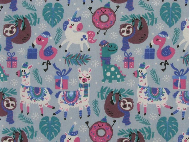 Christmas Animal Party Polycotton Print, Sky