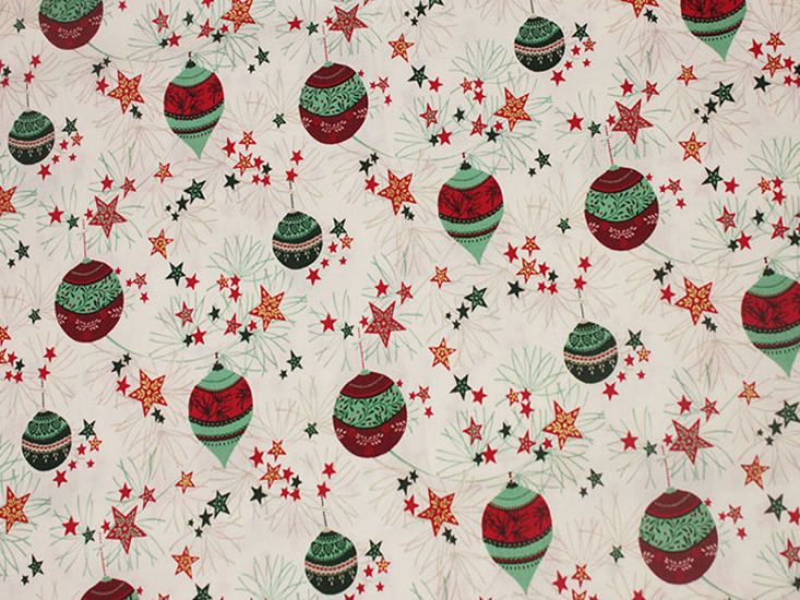 Christmas Baubles Metallic Cotton Print, Ivory