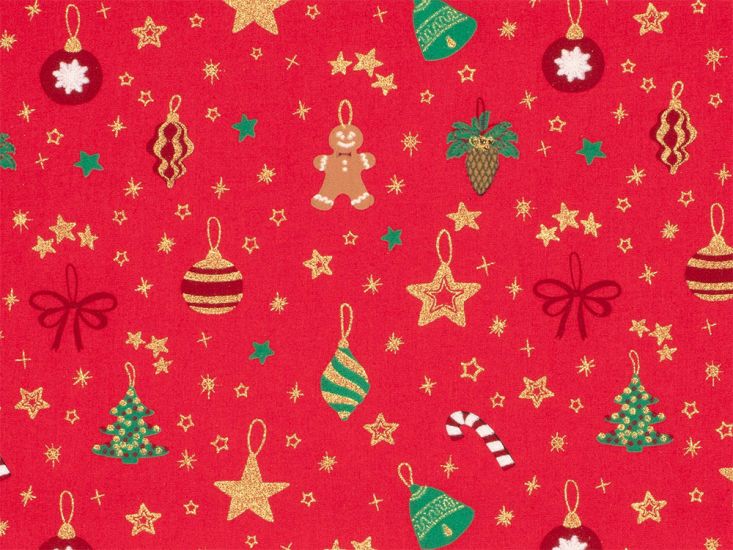 Christmas Decorations Gold Foil Cotton Poplin, Red