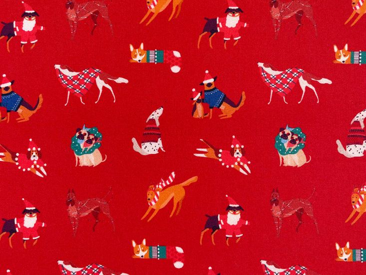 Christmas Dogs Cotton Print, Red