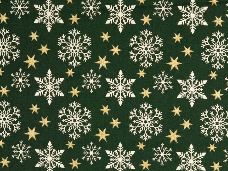 Christmas Glitter Snowflake Star Cotton Print, Green
