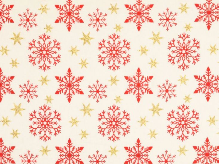 Christmas Glitter Snowflake Star Cotton Print, Ivory