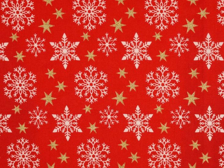 Christmas Glitter Snowflake Star Cotton Print, Red