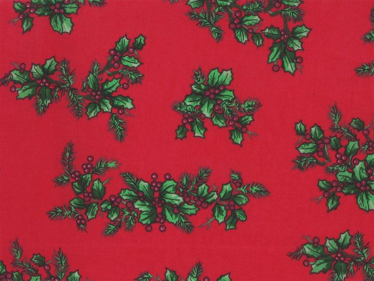 Christmas Holly Bunch Polycotton Print, Red