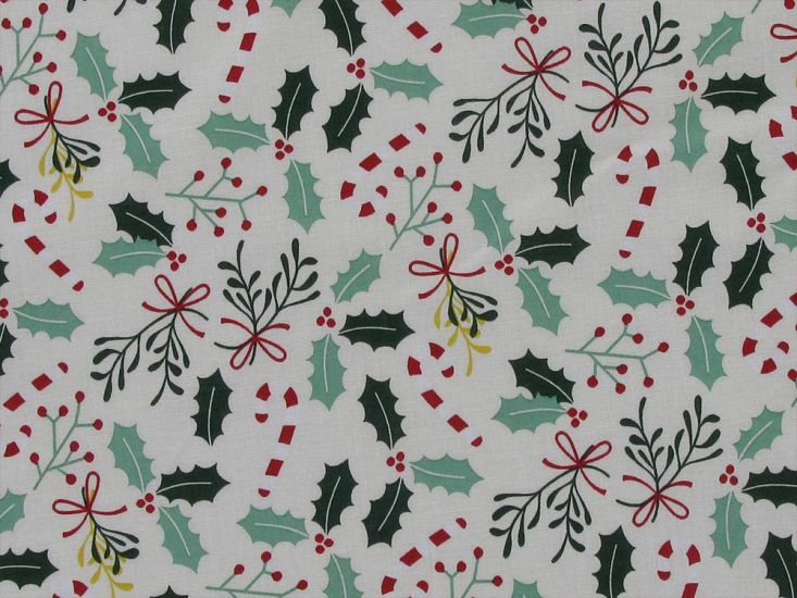 Christmas Holly Candy Cane Cotton Poplin Print, Ivory