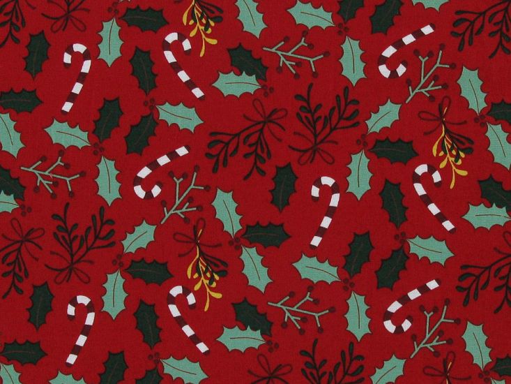 Christmas Holly Candy Cane Cotton Poplin Print, Red