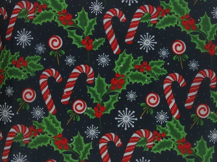 Christmas Holly Polyester Lining, Navy