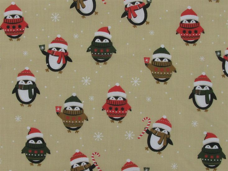 Christmas Jumper Penguins Polycotton Print, Beige