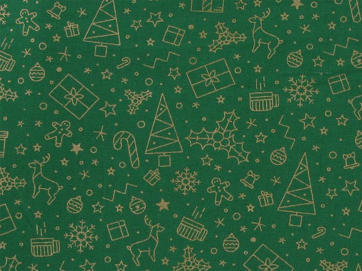 Christmas Present Doodle Gold Foil Cotton Print, Green
