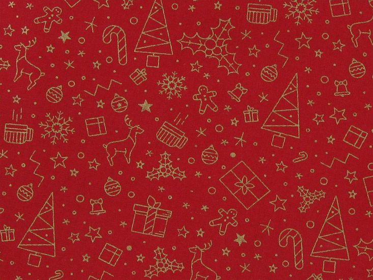 Christmas Present Doodle Gold Foil Cotton Print, Red