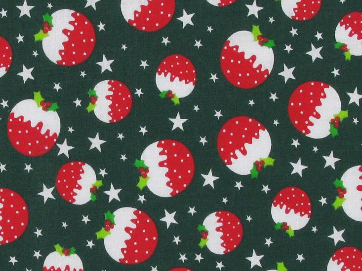 Christmas Puddings Polycotton Print, Green