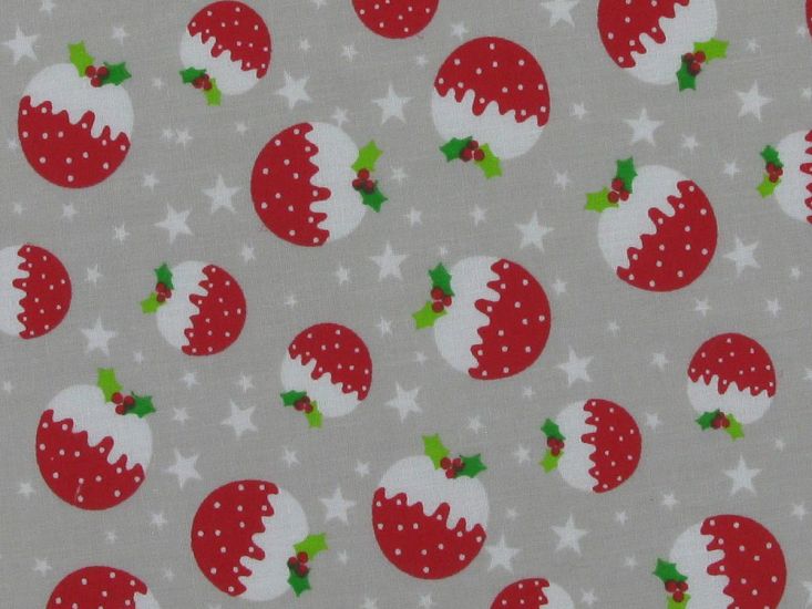 Christmas Puddings Polycotton Print, Silver