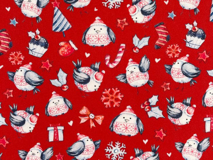 Christmas Robin Surprise Cotton Print, Red