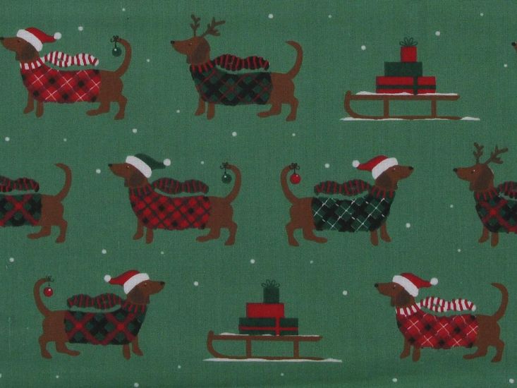 Christmas Sausage Dog Polycotton Print, Green