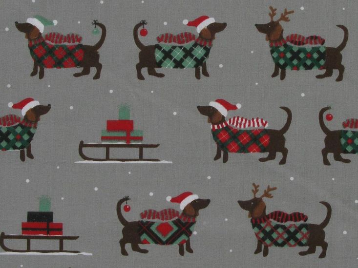 Christmas Sausage Dog Polycotton Print, Grey