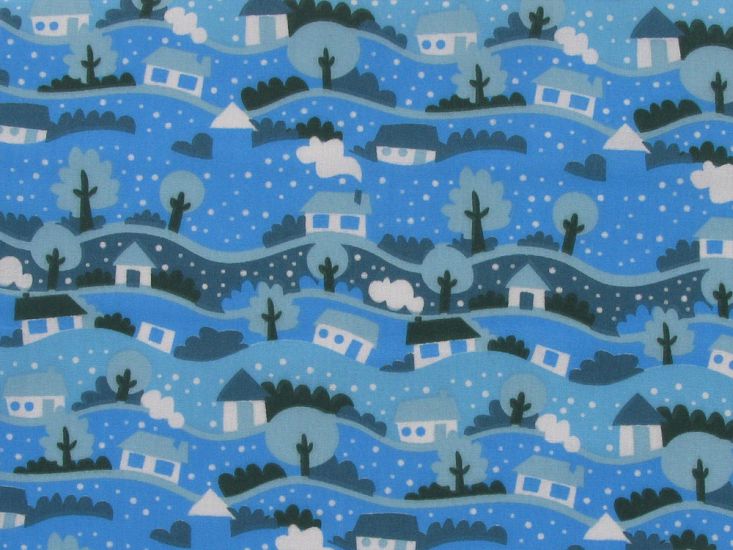 Christmas Snow Gobe Scene Polycotton Print, Blue