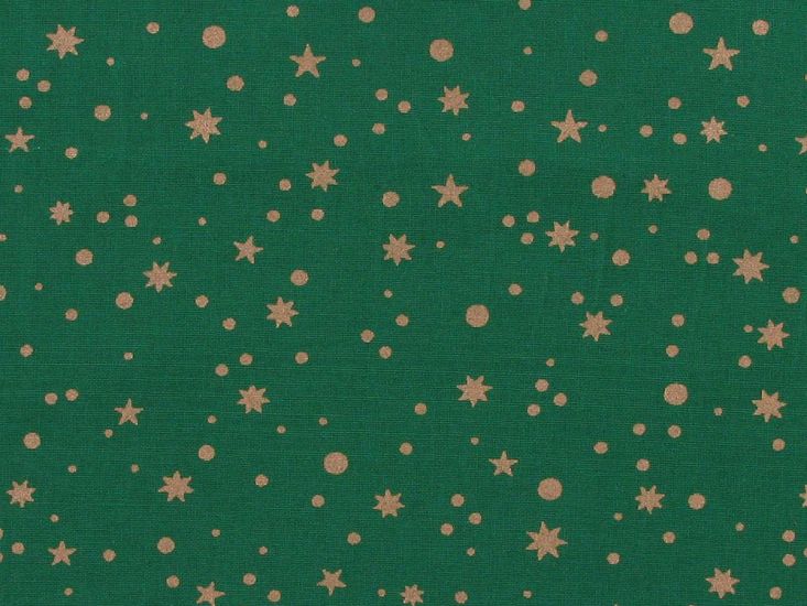 Christmas Stars Gold Foil Cotton Print, Green