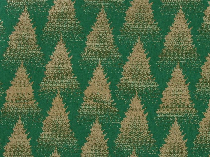 Christmas Tree Forest Gold Foil Cotton Print, Green