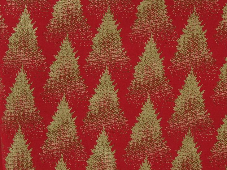 Christmas Tree Forest Gold Foil Cotton Print, Red