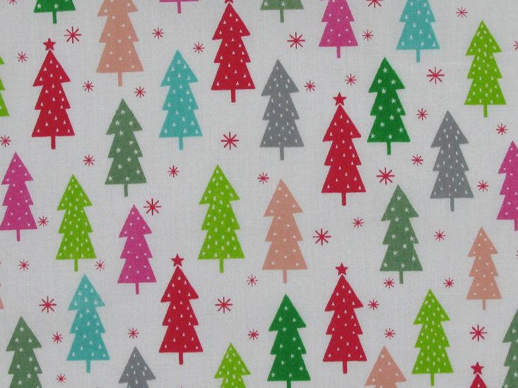 Christmas Tree Patch Polycotton Print, White