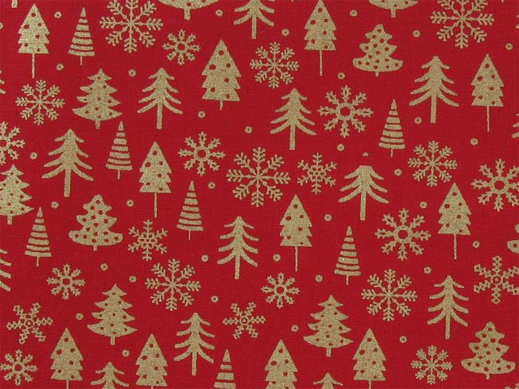 Christmas Tree Snowflake Gold Foil Cotton Print, Red