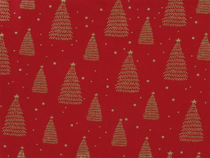 Christmas Tree Star Gold Foil Cotton Print, Red